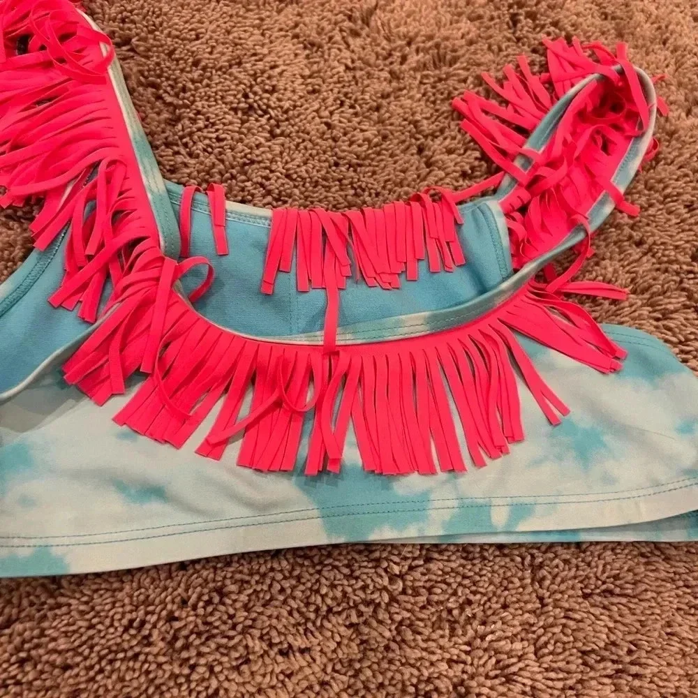Justice girls large 12 swim set top bottom bikini tankini blue tie dye fringe